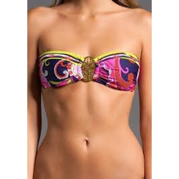 Trina Turk French Riviera Bandeau Bikini Top Printed Gold Buckle Women 12 - Picture 1 of 8